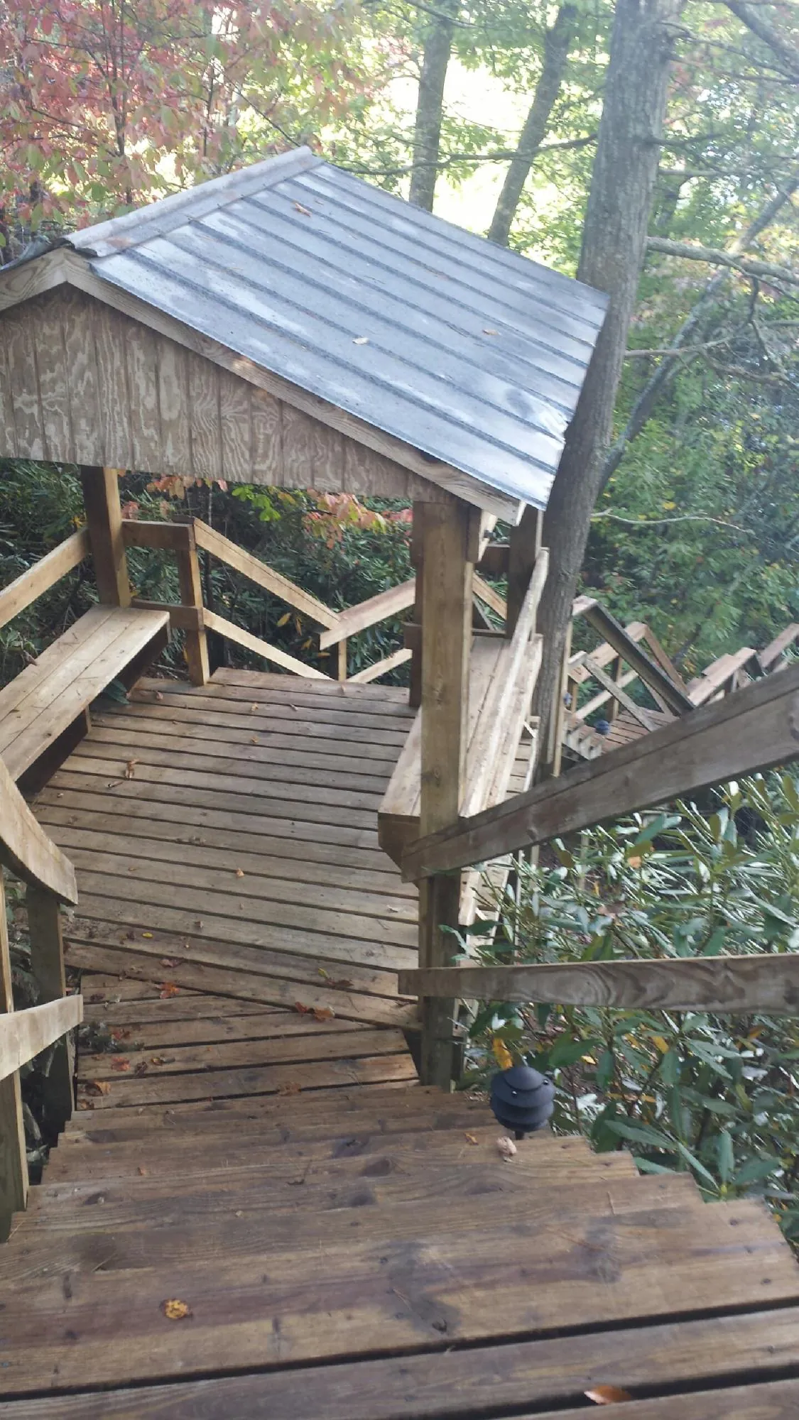 Metal roofed shelter over wooden steps on a wooded walkway — Skylight Repair & Installation work by our crew in Crane